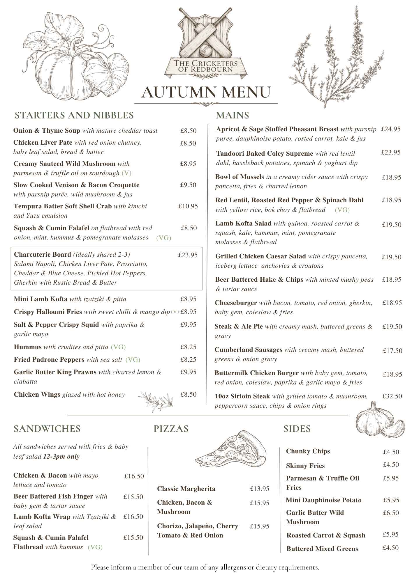 The Cricketers of Redbourn Autumn Menu
