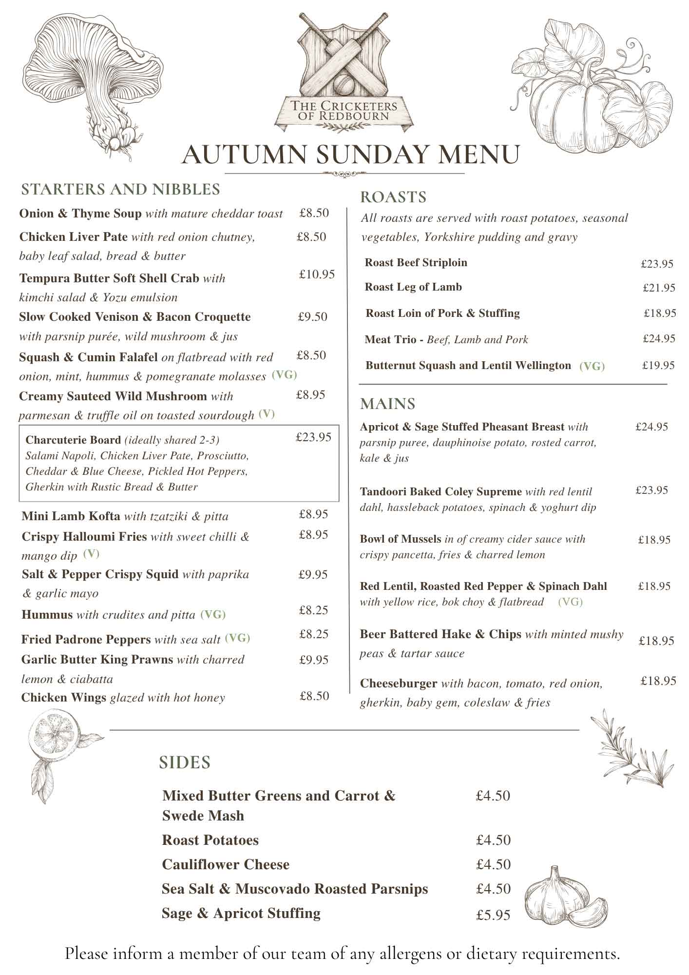 The Cricketers of Redbourn Autumn Sunday Menu