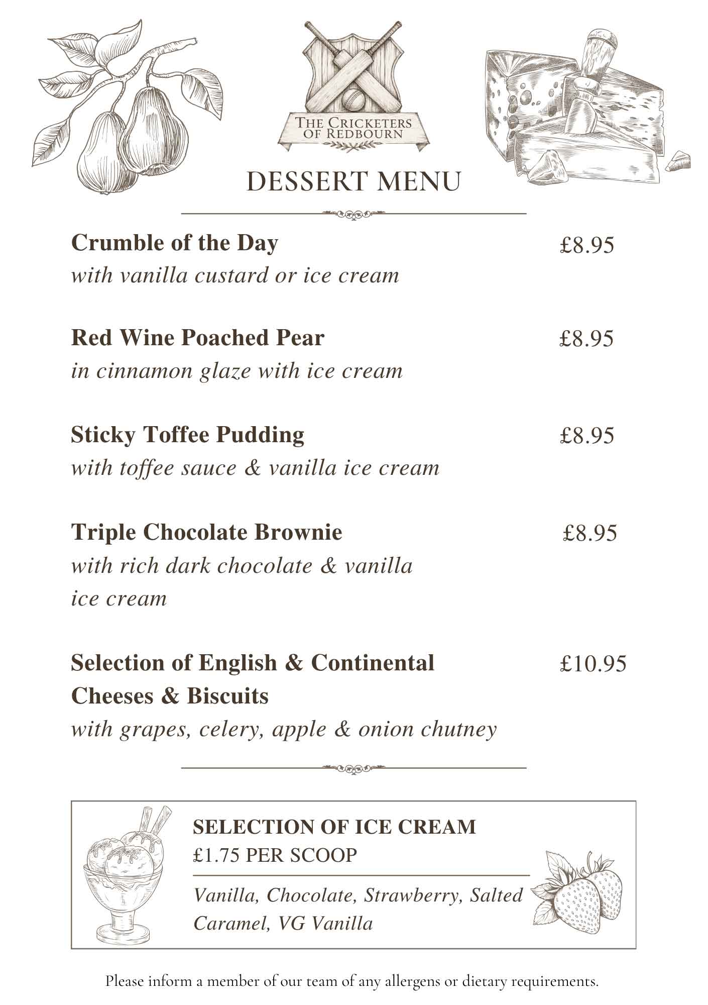 The Cricketers of Redbourn Dessert Menu