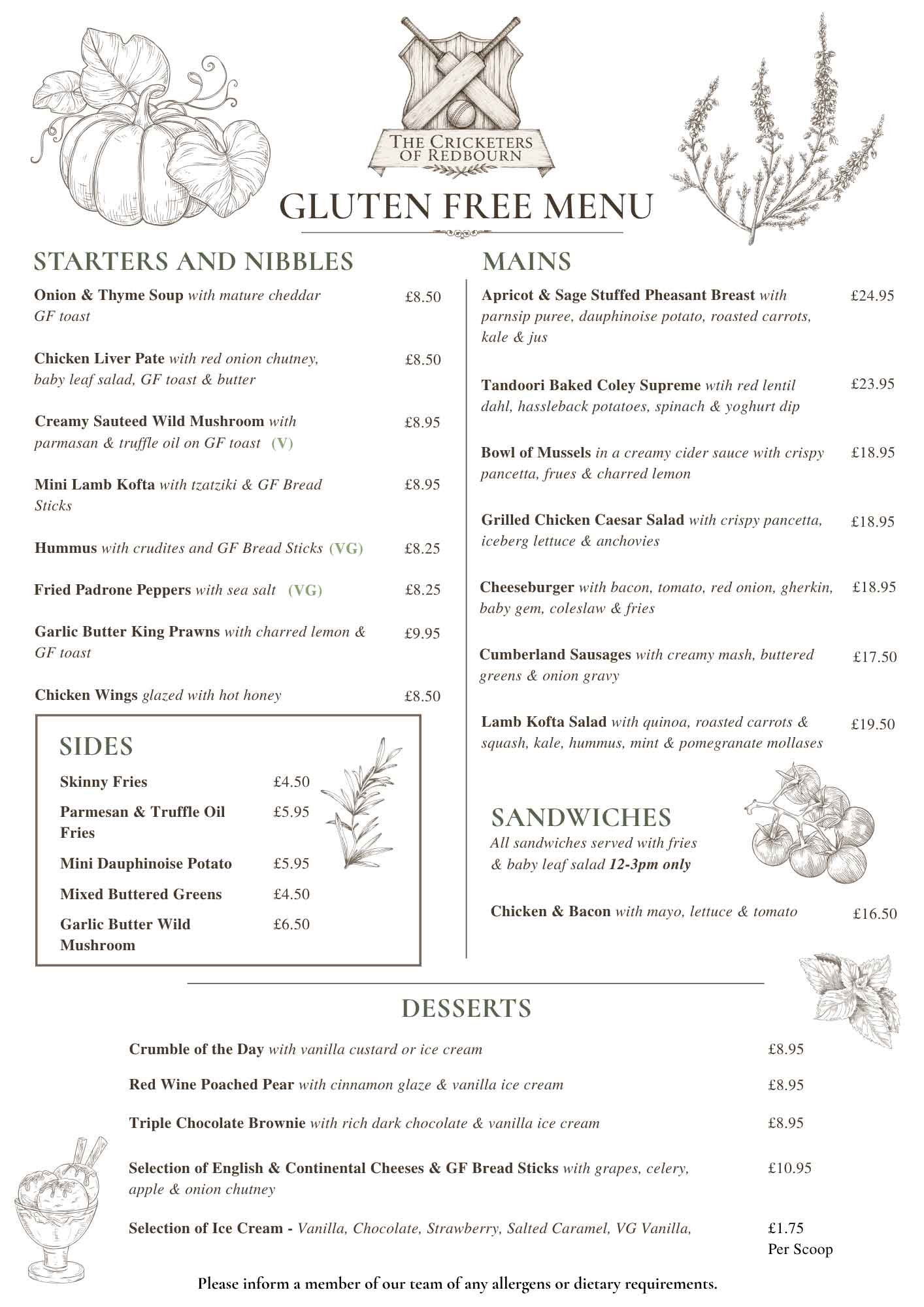 The Cricketers of Redbourn Gluten Free Menu