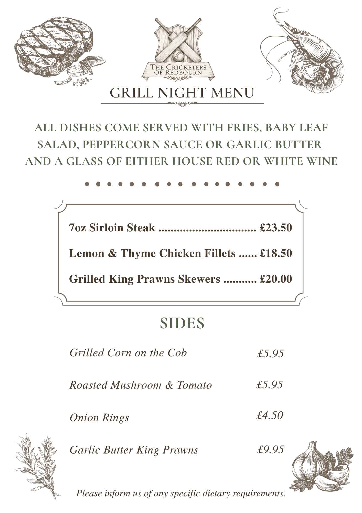 The Cricketers of Redbourn Grill Night Menu