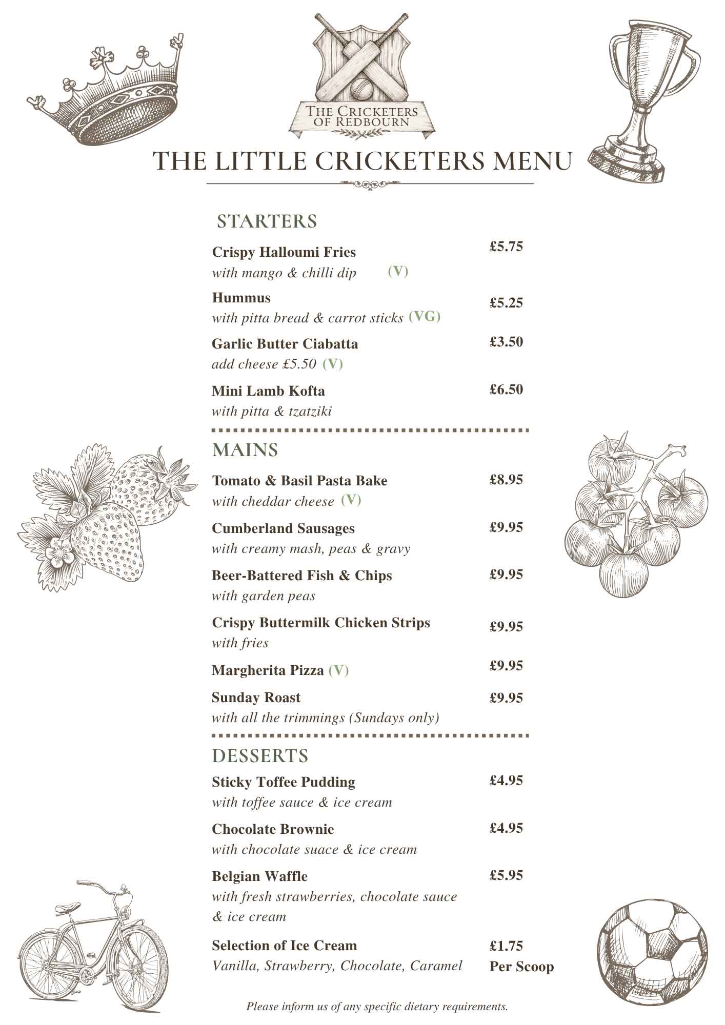 The Cricketers of Redbourn Little Cricketers Menu