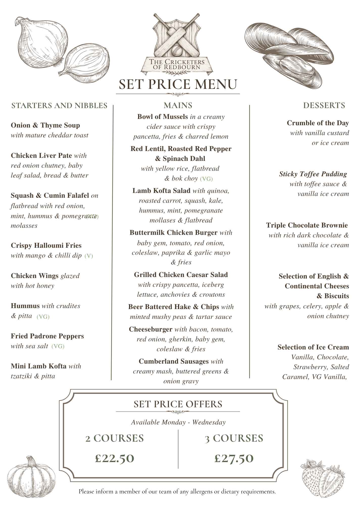 The Cricketers of Redbourn Set Price Menu