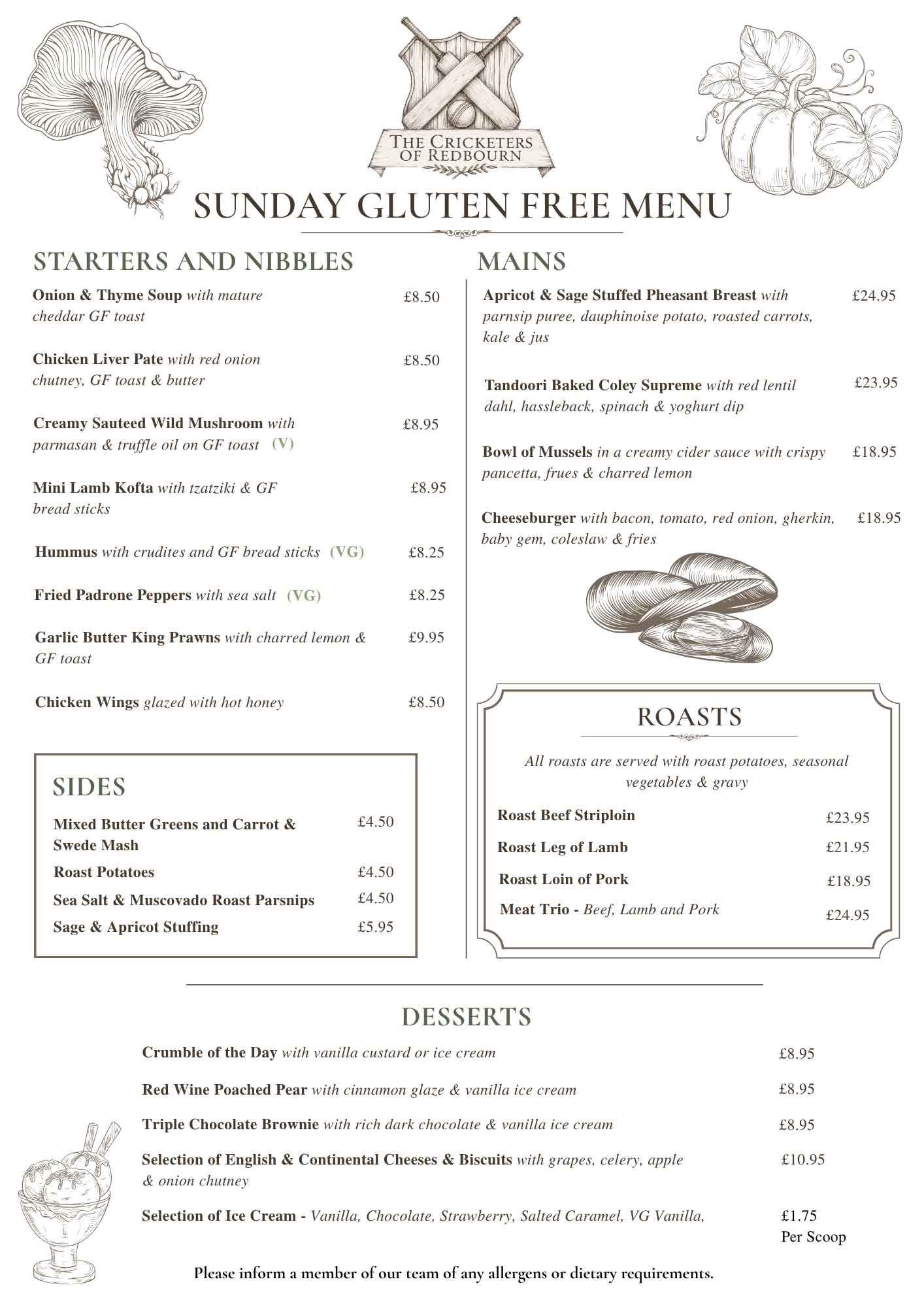 The Cricketers of Redbourn Sundat Gluten Free Menu